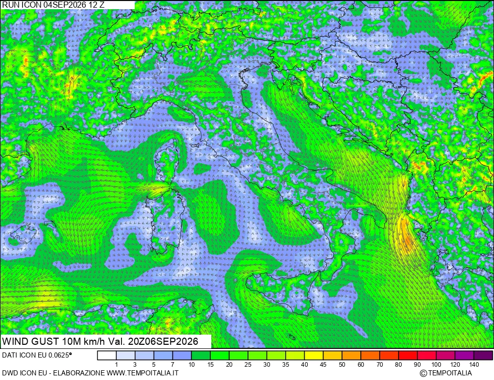 mappa 10 m Vento raffica massima