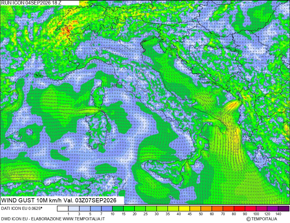 mappa 10 m Vento raffica massima