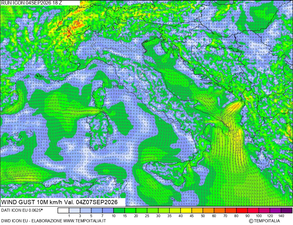 mappa 10 m Vento raffica massima