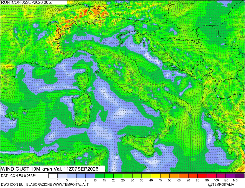 mappa 10 m Vento raffica massima