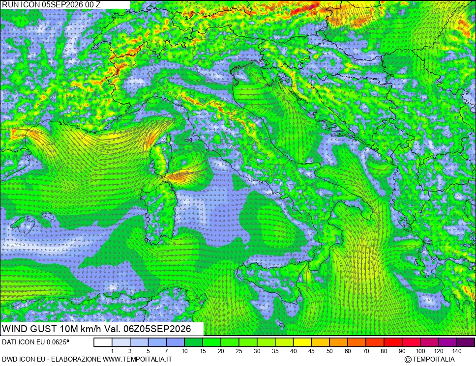 mappa 10 m Vento raffica massima