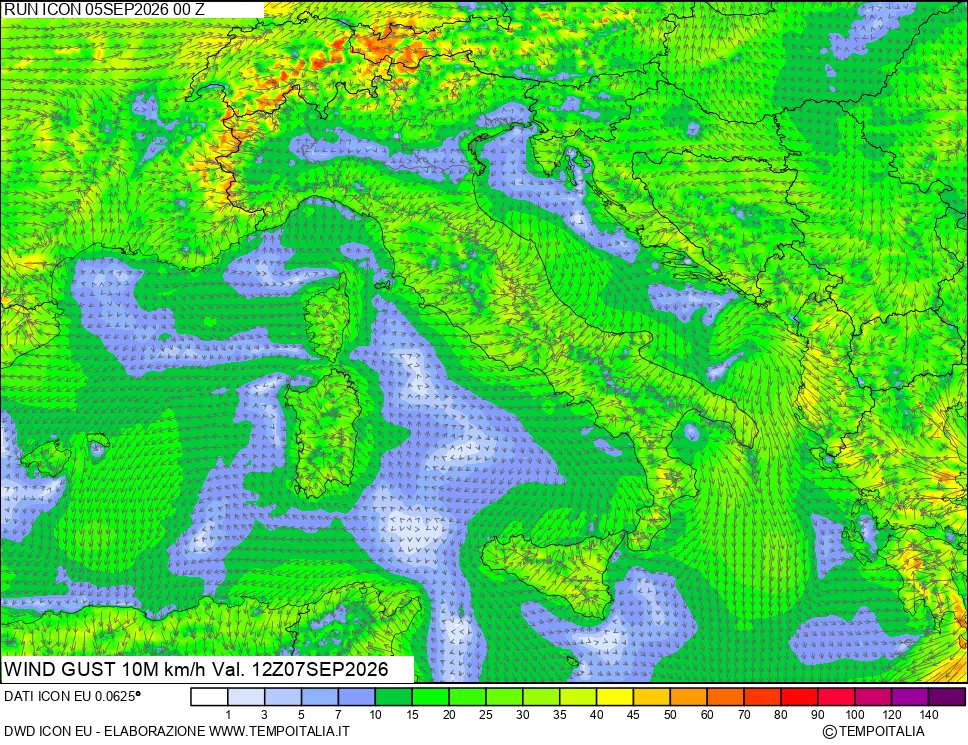 mappa 10 m Vento raffica massima