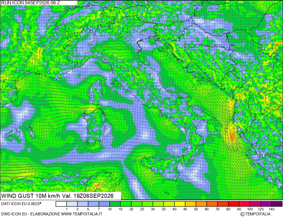 mappa 10 m Vento raffica massima