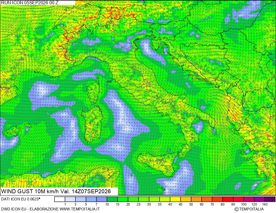 mappa 10 m Vento raffica massima