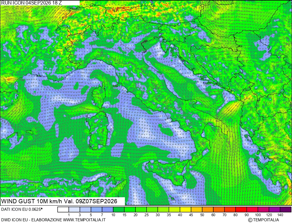 mappa 10 m Vento raffica massima