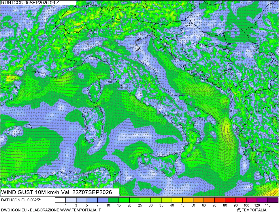 mappa 10 m Vento raffica massima