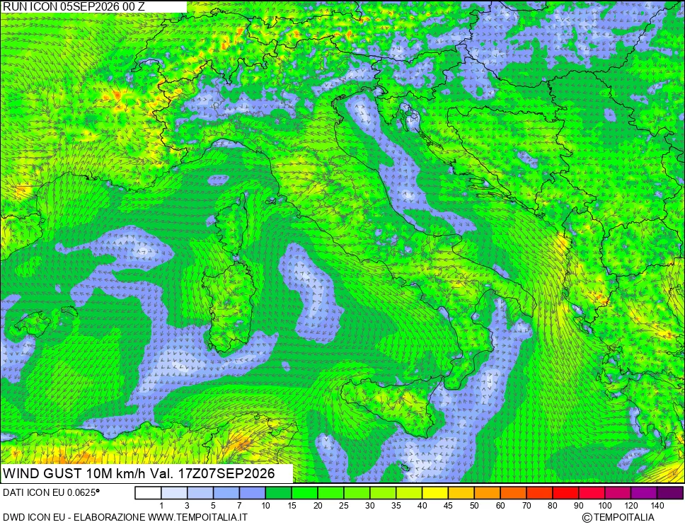 mappa 10 m Vento raffica massima