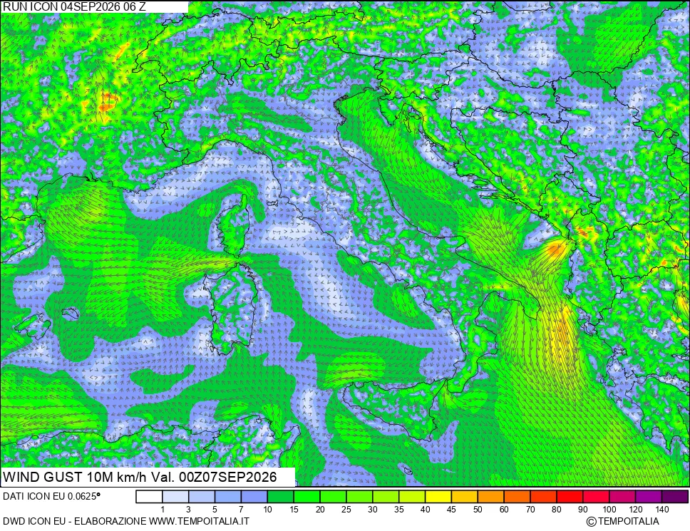 mappa 10 m Vento raffica massima
