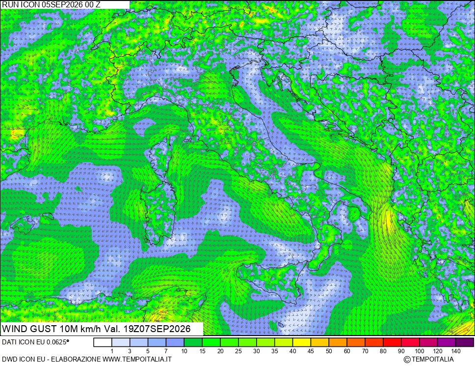 mappa 10 m Vento raffica massima