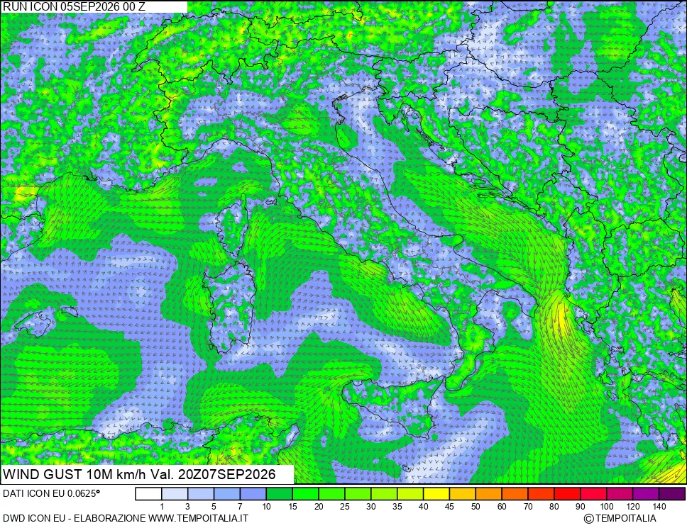 mappa 10 m Vento raffica massima
