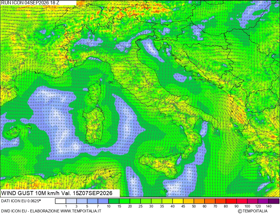 mappa 10 m Vento raffica massima