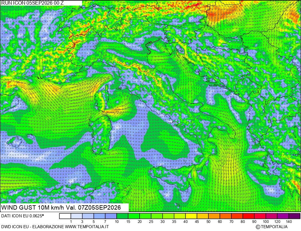 mappa 10 m Vento raffica massima