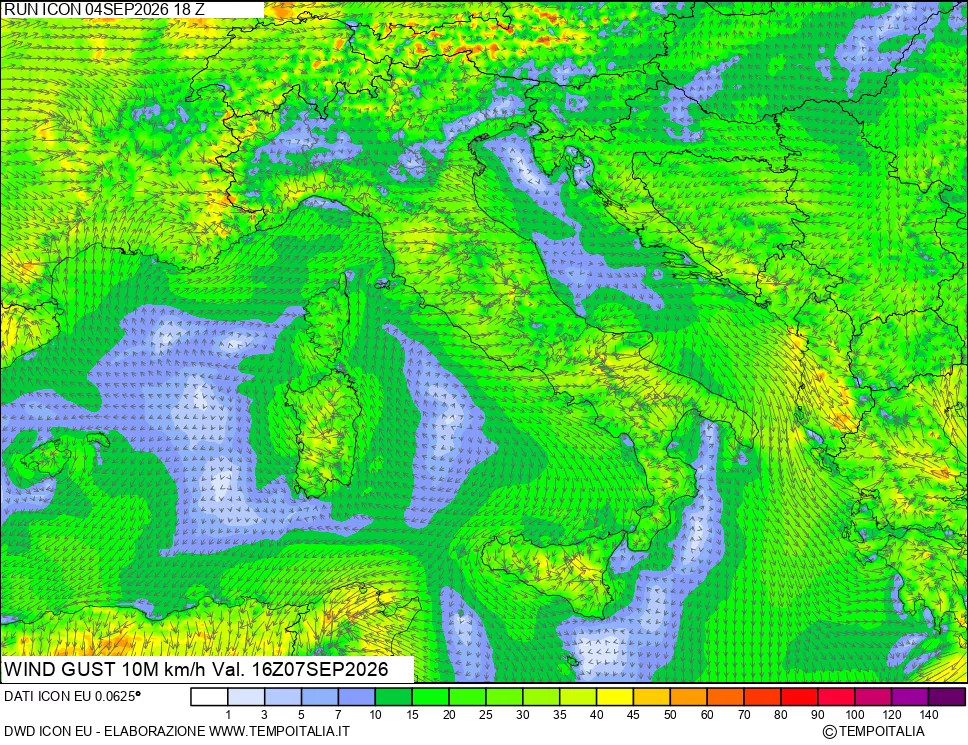 mappa 10 m Vento raffica massima