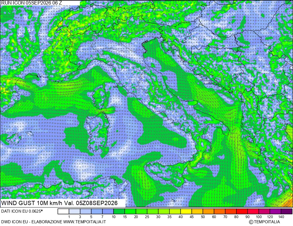 mappa 10 m Vento raffica massima