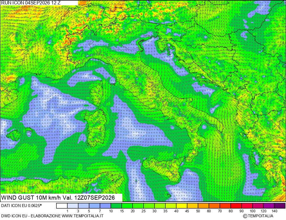 mappa 10 m Vento raffica massima