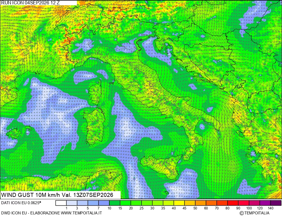 mappa 10 m Vento raffica massima
