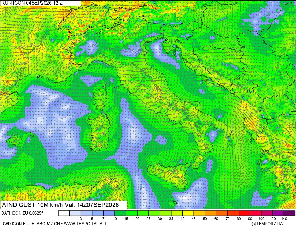 mappa 10 m Vento raffica massima