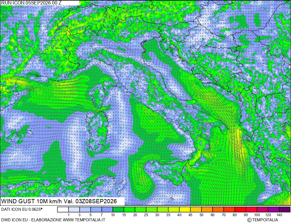 mappa 10 m Vento raffica massima