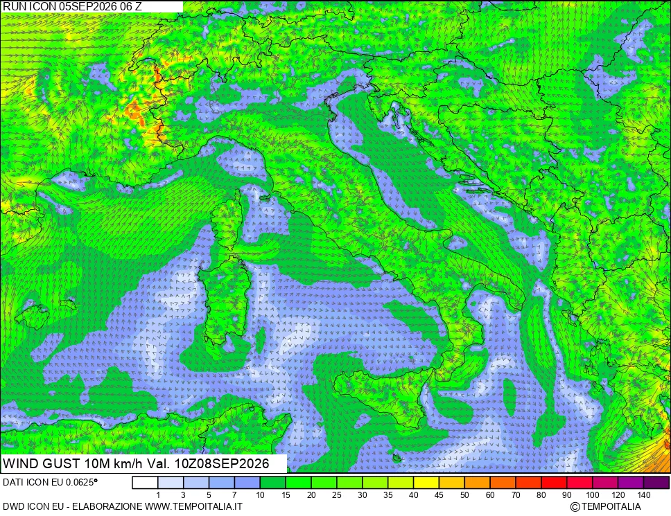 mappa 10 m Vento raffica massima