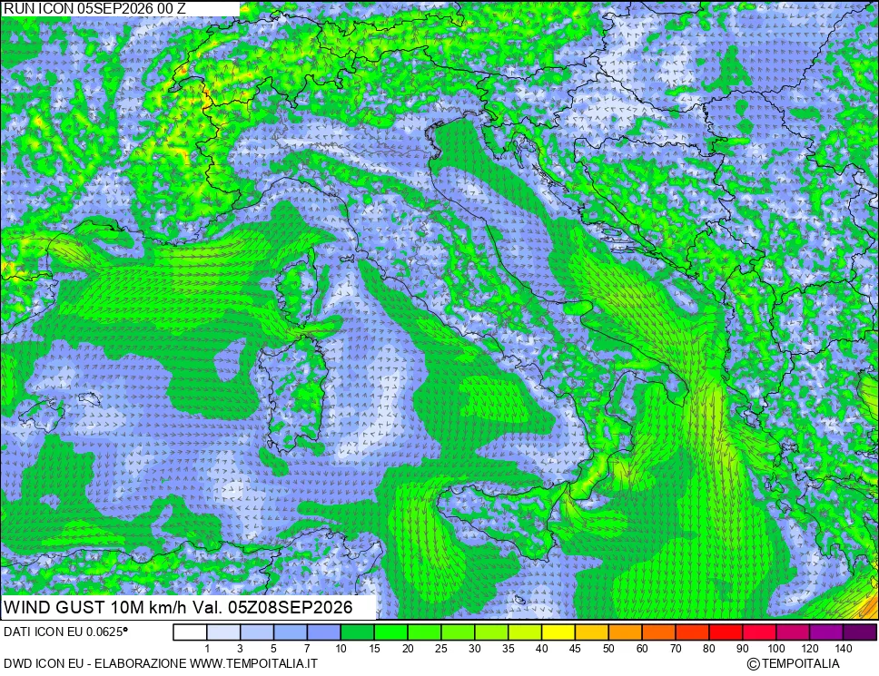 mappa 10 m Vento raffica massima