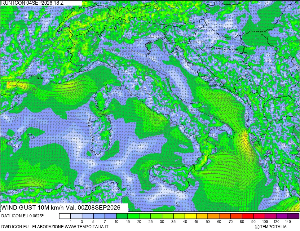 mappa 10 m Vento raffica massima