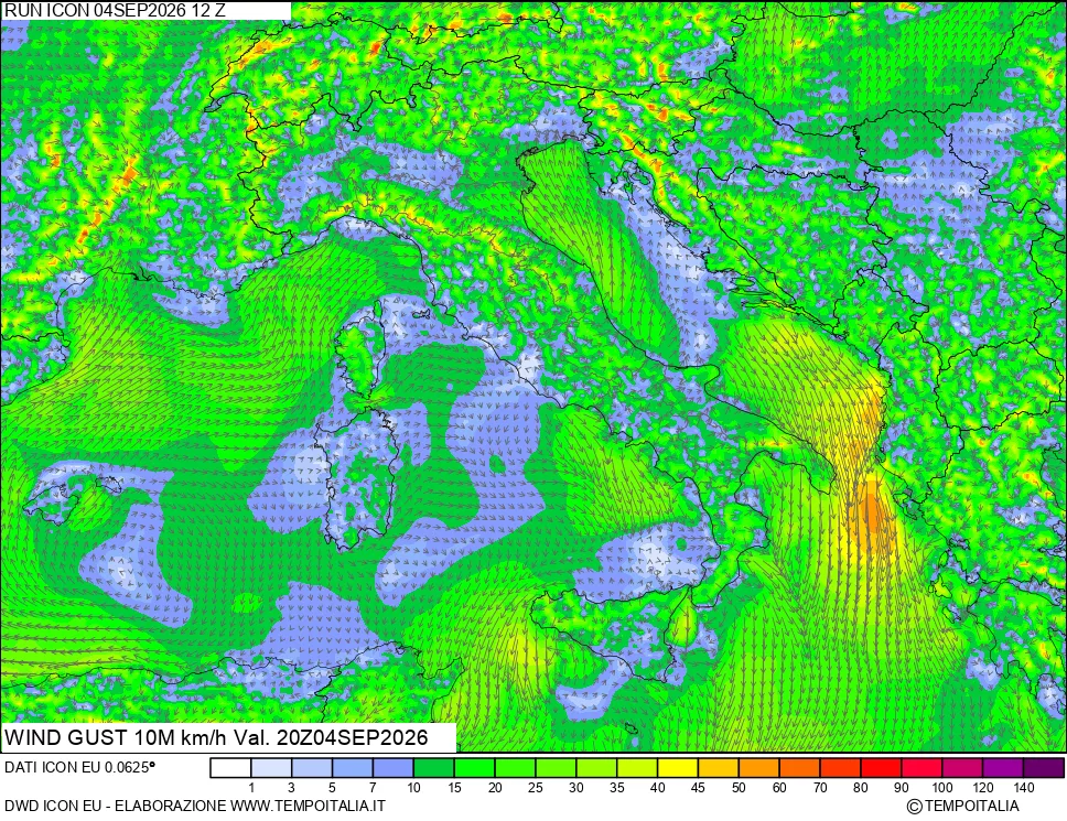 mappa 10 m Vento raffica massima