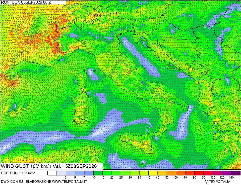 mappa 10 m Vento raffica massima