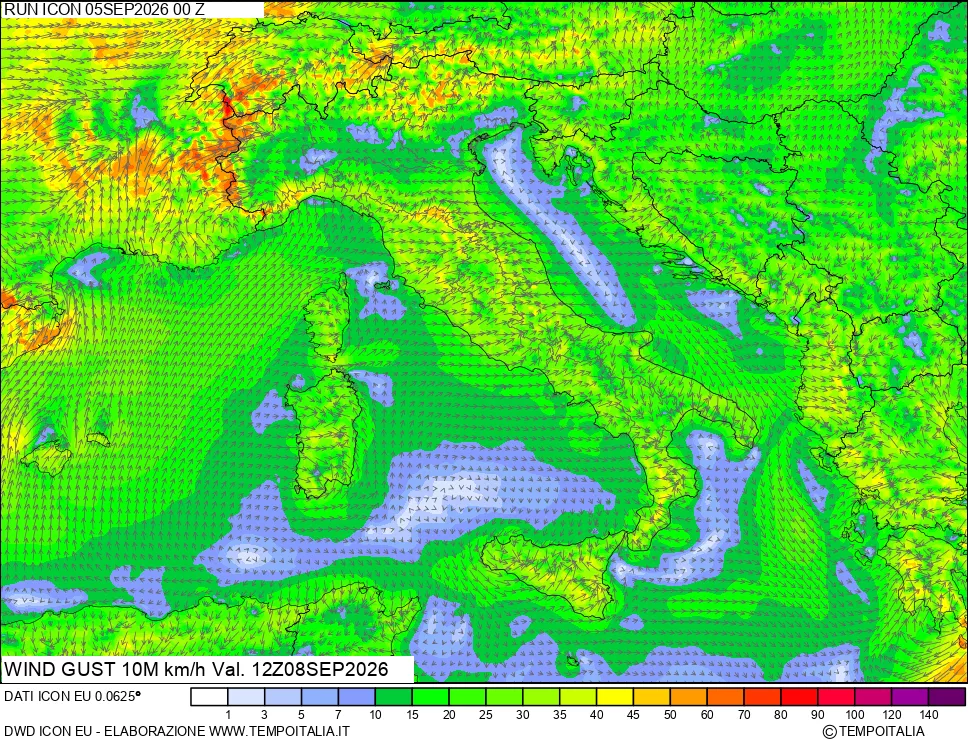 mappa 10 m Vento raffica massima