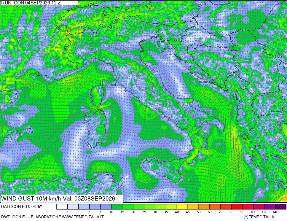 mappa 10 m Vento raffica massima