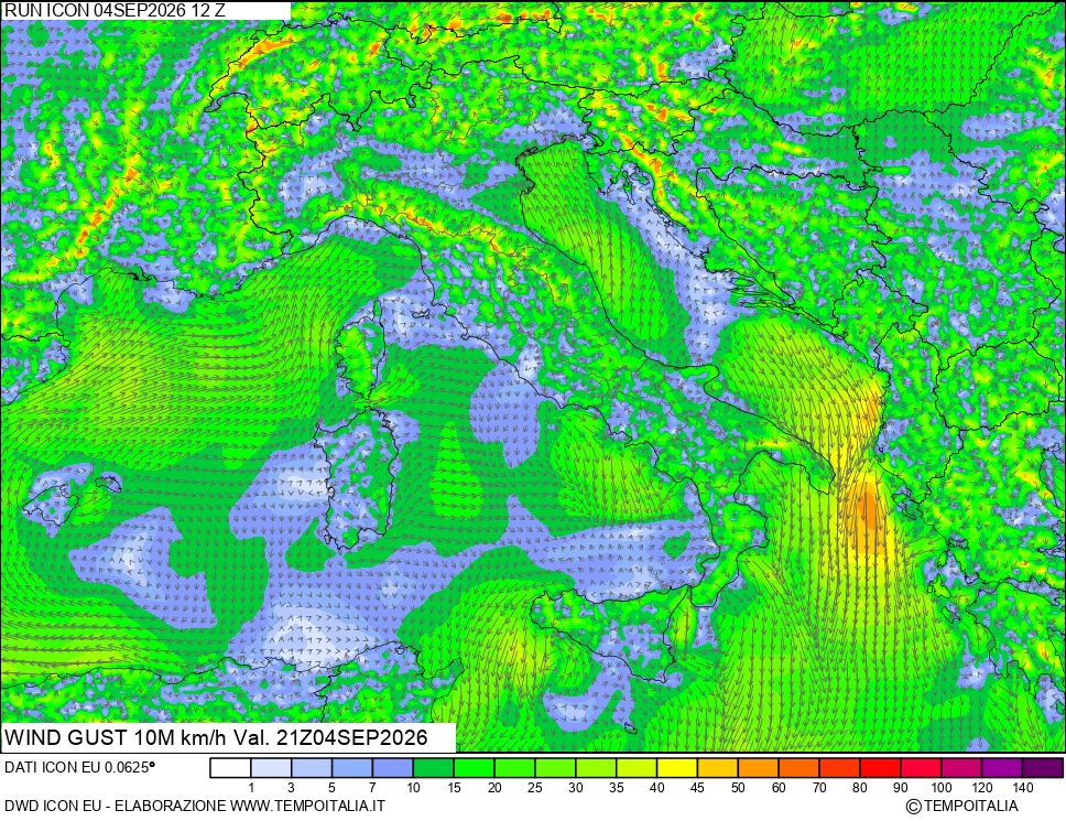 mappa 10 m Vento raffica massima