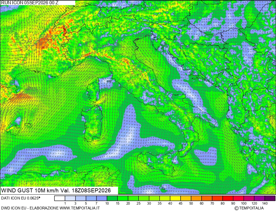mappa 10 m Vento raffica massima