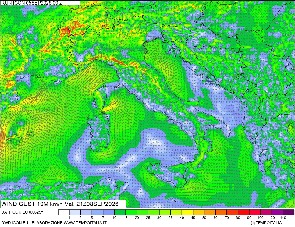 mappa 10 m Vento raffica massima