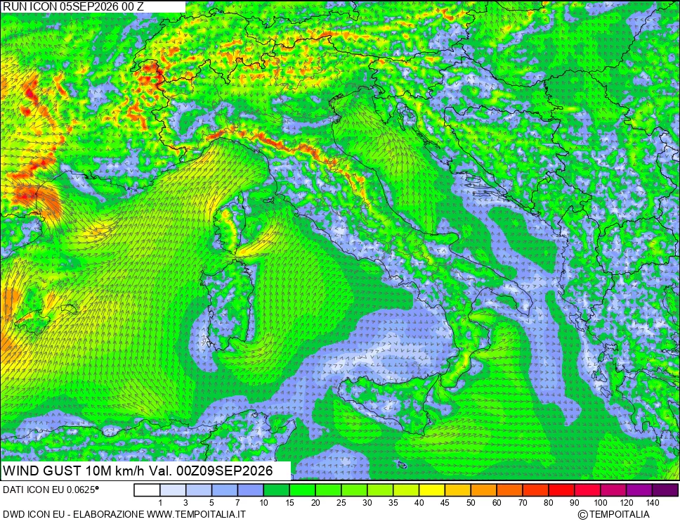 mappa 10 m Vento raffica massima