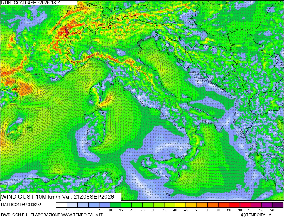 mappa 10 m Vento raffica massima